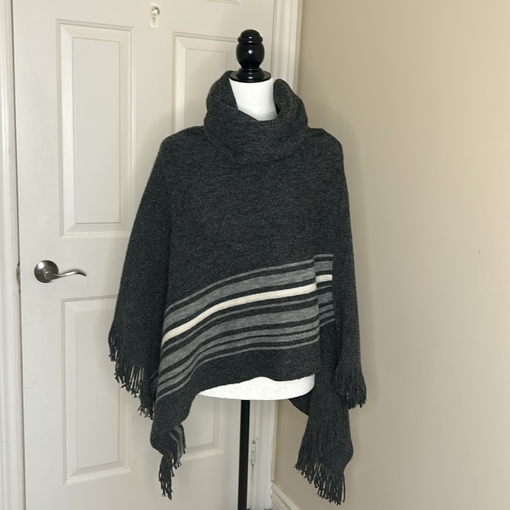 Roots Dark Grey Cowl Neck Poncho - white and light grey striped One Size